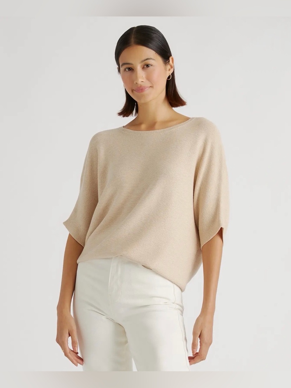 Quince Lightweight Cotton Cashmere Link Stitch Dolman Sweater L Oatmeal Beige